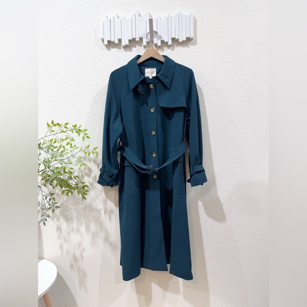 J.Ing Jing Lightweight Belted Oversize Trench Coat Size M/L Nwt Spring/Fall Teal — image 2 of 8